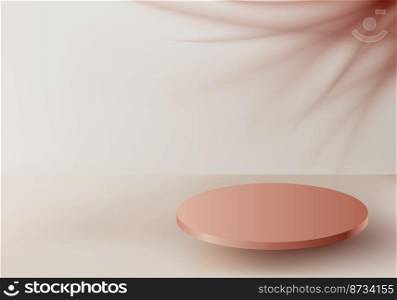 3D realistic empty podium with shadows of tropical palm leaf minimal wall scene on beige background. You can use for cosmetic products mockup, presentation template design, pedestal display, etc. Vector illustration