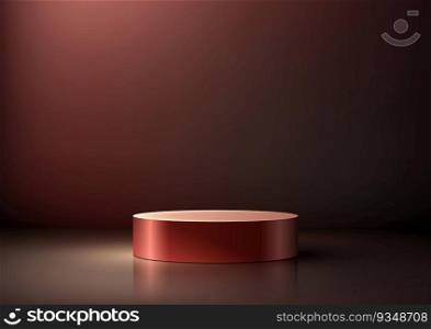 3D realistic empty red podium pedestal stand minimal wall scene on dark background luxury style. Use for product display presentation, cosmetic display mockup, showcase, media banner, etc. Vector illustration