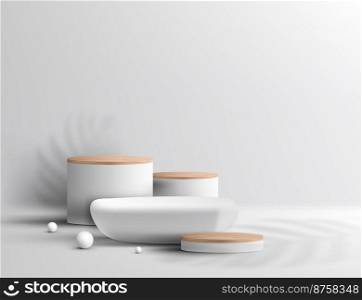 3D realistic empty stone and wood grain top white podium pedestal on clean background with decoration white ball and  lighting and shadow leaves. You can use for product presentation, cosmetic display mockup, showcase, etc. Vector illustration