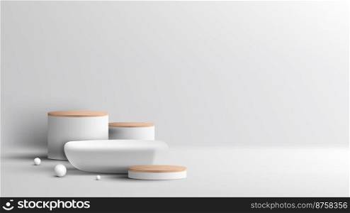 3D realistic empty stone and wood grain top white podium pedestal on clean background with decoration white ball and  lighting and shadow. You can use for product presentation, cosmetic display mockup, showcase, etc. Vector illustration