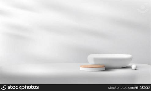 3D realistic empty stone and wood grain top white podium pedestal on clean background with decoration white ball and leaf shadow. You can use for product presentation, cosmetic display mockup, showcase, etc. Vector illustration