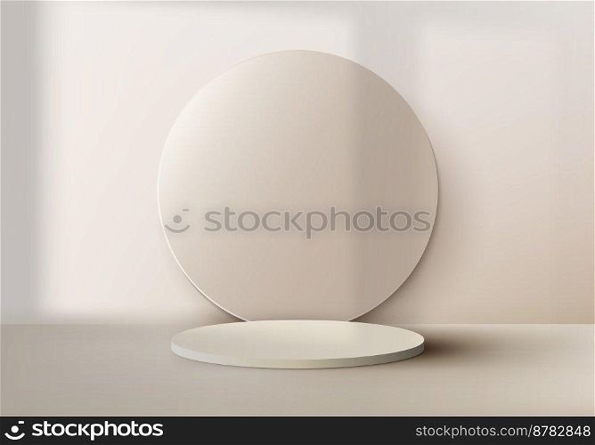3D realistic empty studio room beige cylinder podium stand with circle backdrop and window lighting shadow on minimal wall scene background. Product display for cosmetic, showroom, showcase, presentation, etc. Vector illustration