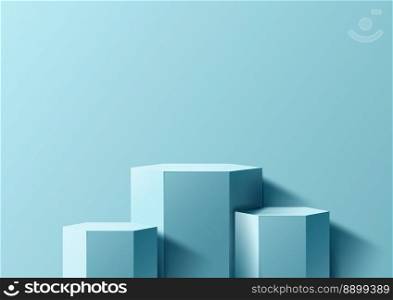 3D realistic empty studio room group of blue hexagon platform podium stand on minimal wall scene blue background. Product display for cosmetic, showroom, showcase, presentation, etc. Vector illustration