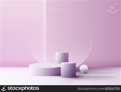 3D realistic empty studio room group of purple cylinder podium stand geometric and circle transparent glass backdrop decoration with sphere ball on minimal wall scene pink background. Product display for cosmetic, showroom, showcase, presentation, etc. Vector illustration