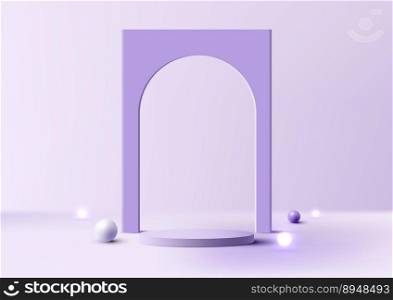 3D realistic empty studio room purple cylinder podium stand and door backdrop decoration with white, violet sphere and light balls on minimal wall scene purple background. Product display for cosmetic, showroom, showcase, presentation, etc. Vector illustration