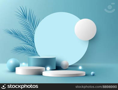 3D realistic empty studio room white and blue cylinder podium stand with circle backdrop decoration sphere light balls and palm leaves on minimal wall scene blue background. Product display for cosmetic, showroom, showcase, presentation, etc. Vector illustration