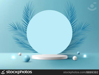 3D realistic empty studio room white and blue cylinder podium stand with circle backdrop decoration sphere light balls and palm leaves on minimal wall scene blue background. Product display for cosmetic, showroom, showcase, presentation, etc. Vector illustration