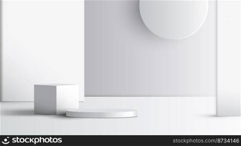 3D realistic empty studio room white and gray podium cylinder pedestal decoration partition and circle frame on clean background. You can use for minimal scene product display presentation platform. Vector illustration