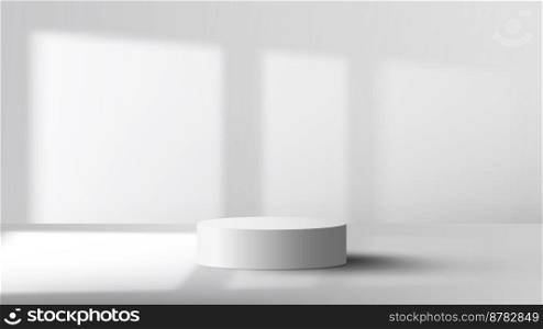 3D realistic empty studio room white cylinder podium stand with window lighting shadow on clean scene background minimal style. Product display for cosmetic, showroom, showcase, presentation, etc. Vector illustration
