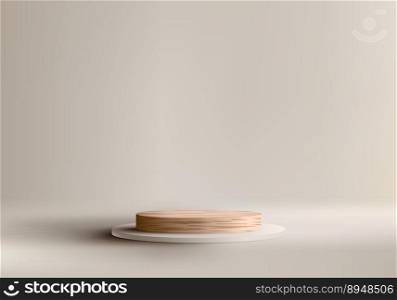 3D realistic empty studio room wooden cylinder podium pedestal stand minimal wall scene on beige background. Product display for cosmetic, showroom, showcase, presentation, etc. Vector illustration