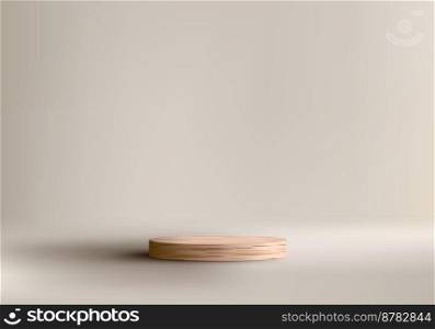 3D realistic empty studio room wooden cylinder podium pedestal stand on minimal wall scene beige background. Product display for cosmetic, showroom, showcase, presentation, etc. Vector illustration
