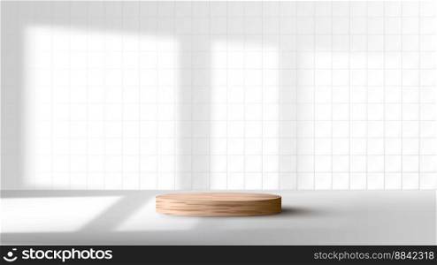 3D realistic empty studio room wooden cylinder podium pedestal stand window lighting shadow on minimal wall scene white tile background and texture. Product display for cosmetic, showroom, showcase, presentation, etc. Vector illustration