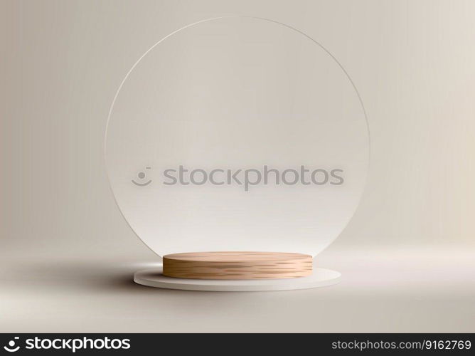3D realistic empty studio room wooden cylinder podium pedestal stand with transparent glass circle backdrop on beige background. Product display for cosmetic, showroom, showcase, presentation, etc. Vector illustration