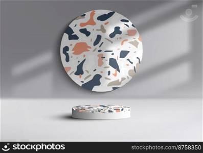 3D realistic empty terrazzo top surface on white podium pedestal stand on white background with lighting window and shadow minimal style. You can use for product presentation, cosmetic display mockup, showcase, etc. Vector illustration