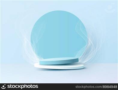 3D realistic empty white and blue podium pedestal stand and circle backdrop decoration with smoke on minimal wall scene background. You can use for product presentation, cosmetic display beauty mockup, showcase, etc. Vector illustration