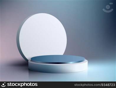3D realistic empty white and blue podium stand with circle decoration backdrop on blue background and natural lighting. Use for product display presentation mockup, beauty cosmetic, showcase, etc. Vector illustration