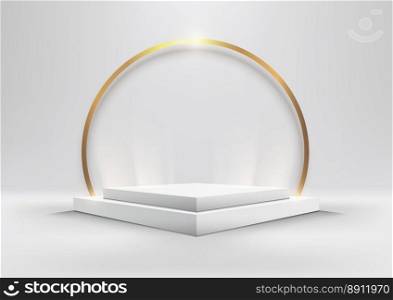 3D realistic empty white box podium or pedestal stand product display with golden circleand lighting effect on clean background. You can use for cosmetic mockup presentation, promotion sale and marketing, etc, Vector illustration