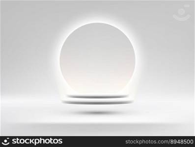 3D realistic empty white cylinder podium pedestal stand floating in the air with glowing neon light circle backdrop on minimal wall scene white background. Product display for beauty cosmetic, showroom, showcase, presentation, etc. Vector illustration