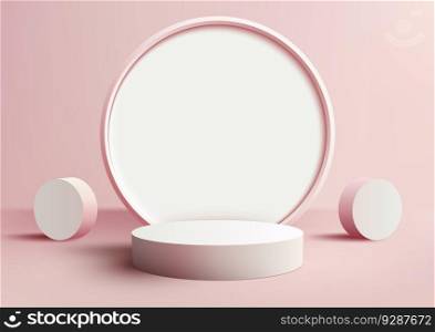 3D realistic empty white podium pedestal stand with circle backdrop decoration with geometric elements on pink background. You can use for product display presentation, cosmetic display mockup, showcase, media banner, etc. Vector illustration