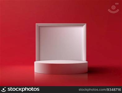 3D realistic empty white podium pedestal stand with square box backdrop on red background. You can use for product display presentation, cosmetic display mockup, showcase, media banner, etc. Vector illustration
