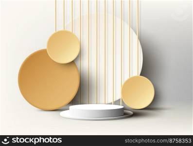 3D realistic empty white podium pedestal stand with yellow geometric circles backdrop on clean background with lighting and shadow. You can use for product presentation, cosmetic display mockup, showcase, etc. Vector illustration