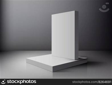 3D realistic empty white podium platform product display with rectangle backdrop on gray background. You can use for beauty cosmetic presentation, showcase mockup, showroom, product stand promotion, etc. Vector illustration