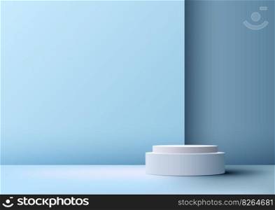 3D realistic empty white podium platform stand minimal wall scene on blue background with natural light. Product display mockup for beauty cosmetic, showroom, showcase, presentation, etc. Vector illustration