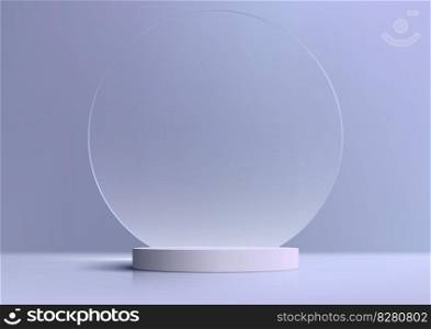 3D realistic empty white podium platform with geometric circle transparent glass backdrop on blue background and natural light minimal style . You can use for beauty cosmetic presentation, showcase mockup, showroom, product stand promotion, etc. Vector illustration
