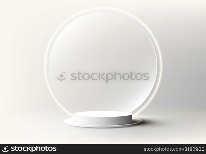 3D realistic empty white podium stand and circle transparent glass backdrop and neon round lighting minimal wall scene on clean background. You can use for beauty and spa product presentation, cosmetic display mockup, showcase, etc. Vector illustration