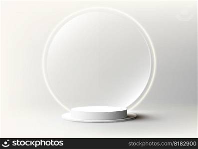 3D realistic empty white podium stand and circle transparent glass backdrop and neon round lighting minimal wall scene on clean background. You can use for beauty and spa product presentation, cosmetic display mockup, showcase, etc. Vector illustration