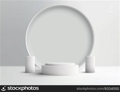 3D realistic empty white podium stand with circle backdrop decoration with geometric elements on white background and natural lighting. You can use for beauty cosmetic presentation, showcase mockup, showroom, product stand promotion, etc. Vector illustration