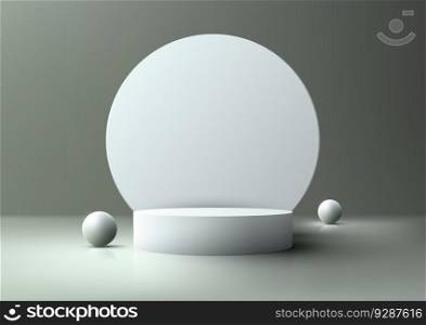 3D realistic empty white podium stand with circle backdrop on gray background decoration with white balls. You can use for presentation, cosmetic product display beauty mockup, showcase, etc. Vector illustration