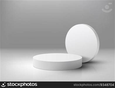 3D realistic empty white podium stand with circle backdrop on gray background. Use for product display presentation mockup, beauty cosmetic, showcase, etc. Vector illustration