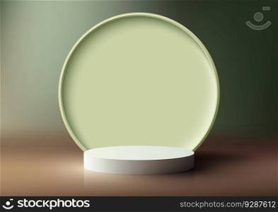 3D realistic empty white podium stand with circle backdrop on green background and natural lighting. You can use for product display presentation, cosmetic display mockup, showcase, media banner, etc. Vector illustration