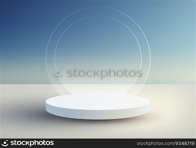 3D realistic empty white podium stand with glass circle backdrop minimal wall scene on blue sky background and natural lighting. You can use for product display presentation, cosmetic display mockup, showcase, media banner, etc. Vector illustration
