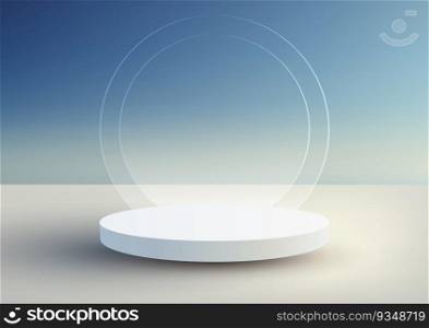 3D realistic empty white podium stand with glass circle backdrop minimal wall scene on blue sky background and natural lighting. You can use for product display presentation, cosmetic display mockup, showcase, media banner, etc. Vector illustration