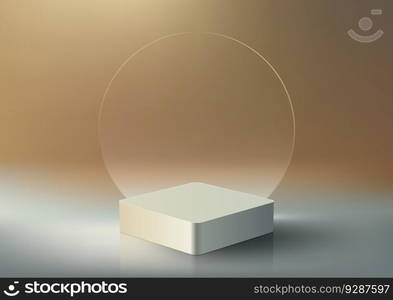 3D realistic empty white podium stand with transparent glassˆ≤backdrop on gold background modern luxury sty≤. You can use for∏uct display presentation mockup, beauty cosmetic, showcase, etc. Vector illustration