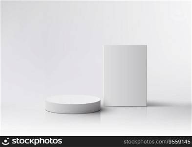 3D realistic empty white podium stand with white sign is perfect for a variety of uses, including product display, mockups, and presentations. Vector illustration