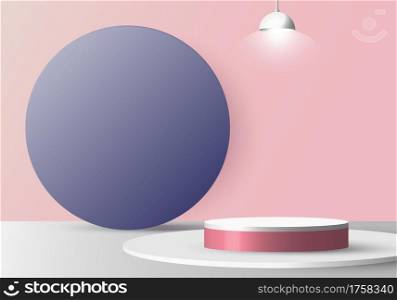 3D realistic empty white round pedestal mockup with lamp on soft pink background and blue circle backdrop. Winner podium stage for award ceremony concept. Vector illustration