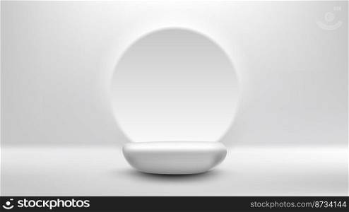 3D realistic empty white stone podium pedestal minimal wall scene circle backdrop for product display advertising background. Vector illustration