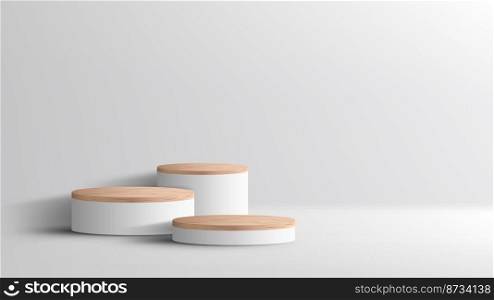 3D realistic empty wood grain top white podium pedestal on white background with lighting and shadow. You can use for product presentation, cosmetic display mockup, showcase, etc. Vector illustration