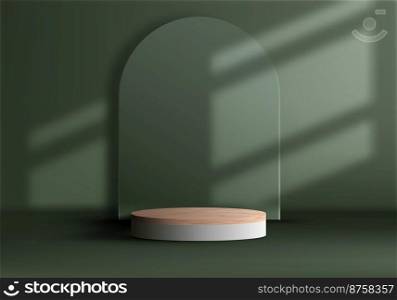 3D realistic empty wood grain top white podium pedestal stand on green backdrop with lighting and window shadow. You can use for product presentation, cosmetic display mockup, showcase, etc. Vector illustration