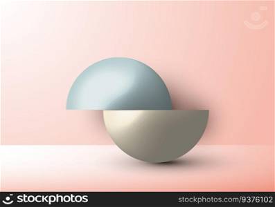 3D realistic emty geometric hemisphere product stand, platform studio room minimal design on soft pink background. Vector illustration