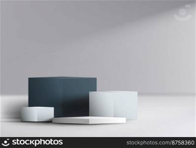 3D realistic four steps black and white podium platform pedestal cube shape display with lighting on clean background minimal style. Abstract studio room elegant wall scene. Products display advertising showcase. Vector illustration