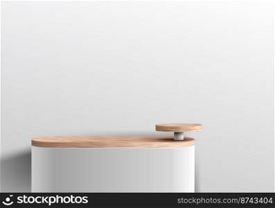 3D realistic geometric forms white and wood podium platform with wood shelf decoration minimal wall scene background. Display for spa and beauty, cosmetic product, showcase. Vector illustration