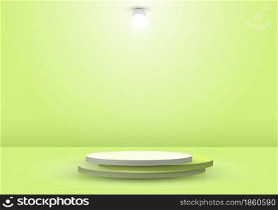 3D realistic green podium or pedestal with circle light lamp in stage ceremony background. You can use for product display, etc. Vector illustration