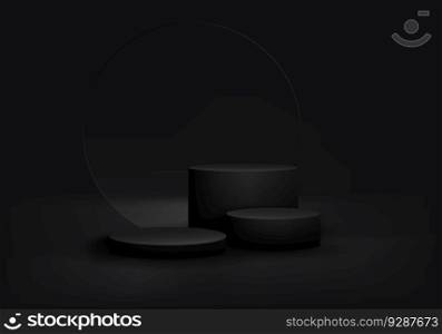 3D realistic group of empty black cylinder podium stand with transparent glass circle backdrop on dark background for product display luxury style. You can use for studio room elegant wall scene, mockup advertising, showroom, showcase. Vector illustration
