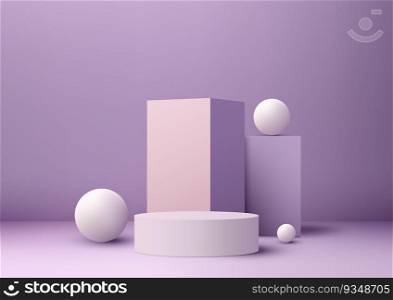 3D realistic group of empty purple podium stand with geometric, white circles elements on purple background. Use for product display presentation, cosmetic display mockup, showcase, media banner, etc. Vector illustration