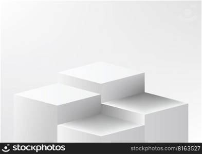 3D realistic group of empty white cube podium stand isolated minimal wall scene background. Product display for beauty cosmetic, studio room, showroom, showcase, presentation, etc. Vector illustration