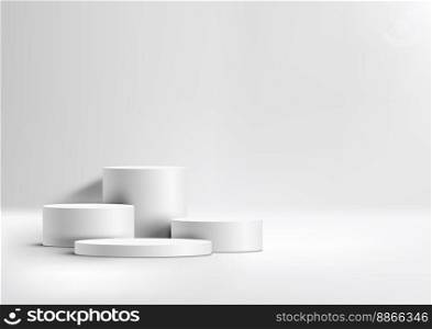 3D realistic group of empty white podium pedestal cylinder stand on clean background. You can use for product presentation, cosmetic display mockup, showcase, etc. Vector illustration